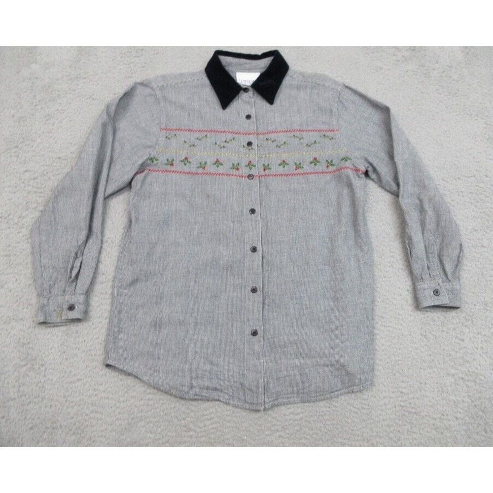 Vintage‎ Casey & Max Christmas Shirt Women M Black Velvet Collar Embroidered